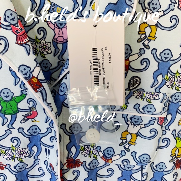 Roller Rabbit Greenwich Monkey Polo Pajamas in Blue Monkey Size XS Brand New NWT - Picture 5 of 16